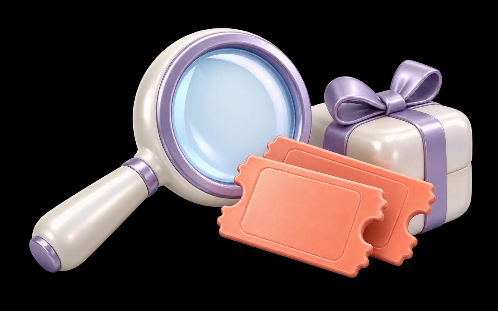 A pearl magnifying glass beside blank coral entry tickets and a parcel with a lavender ribbon.