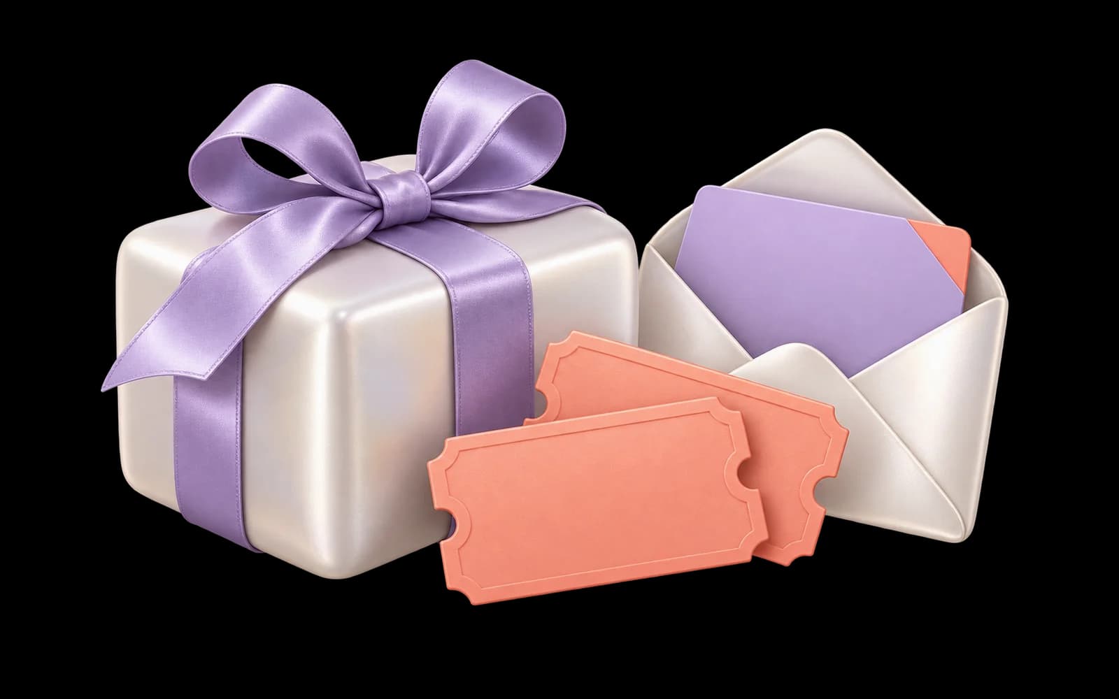 A pearl prize parcel, a customer envelope and blank coral entry tickets.