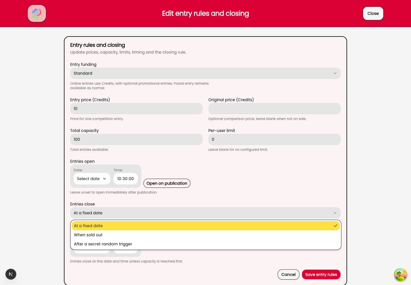 The entry-rule editor with fixed date, sold out and secret random trigger closing choices.