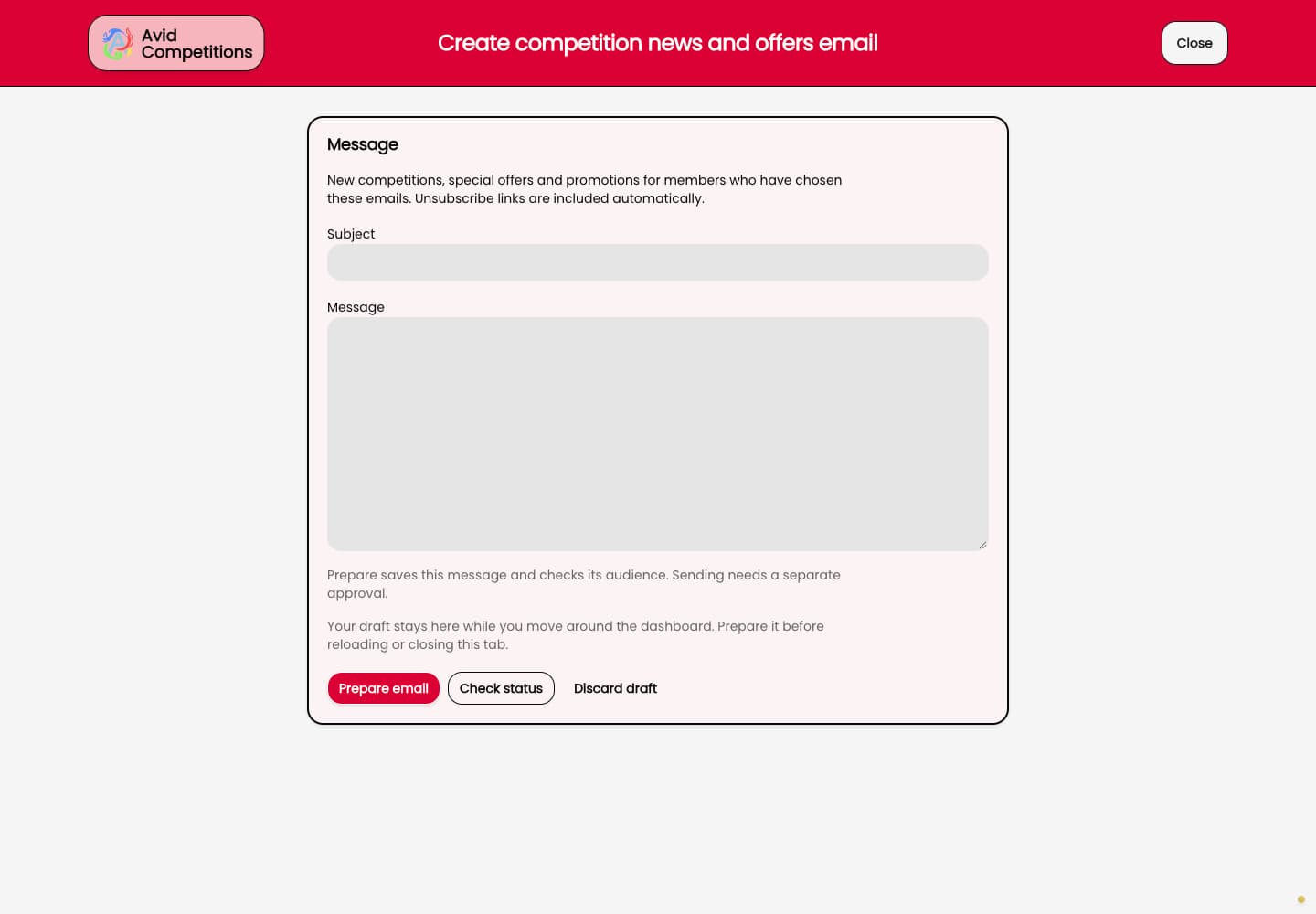 The blank, unsaved competition news and offers email composer with a separate Prepare email control.